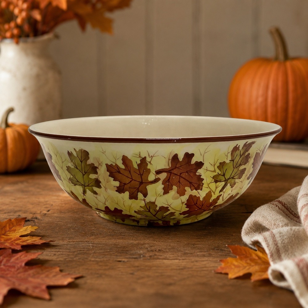 Pier 1 Vintage Autumn Leaves Large Ceramic Serving Bowl Thanksgiving Fall Decor